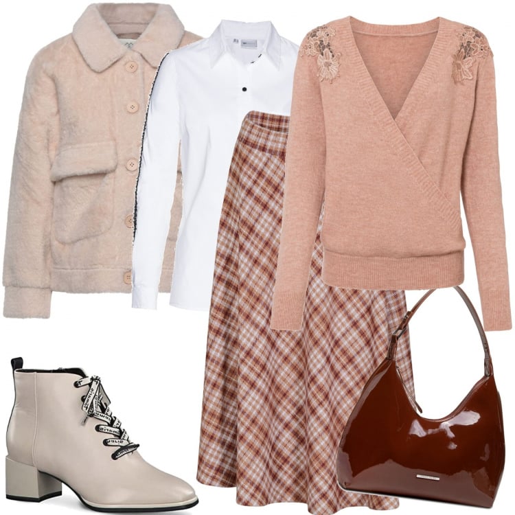 Outfit donna - Borsa vernice marrone. Stile Casual per Ufficio. Abbinamento con blazer, maglieria, vestiti, camicie, borse a mano, stivali.