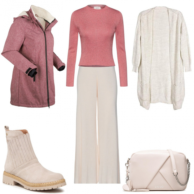 Outfit donna - Un giorno di lavoro. Stile Casual chic per Ufficio. Abbinamento con blazer, pantaloni, pullovers, stivaletti, borse a tracolla, cardigans.