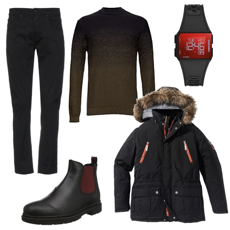 Outfit uomo - Orologio Diesel. Stile Trendy per Tutti i giorni. Abbinamento con parka, pantaloni, orologi, maglieria, stivali e stivaletti.