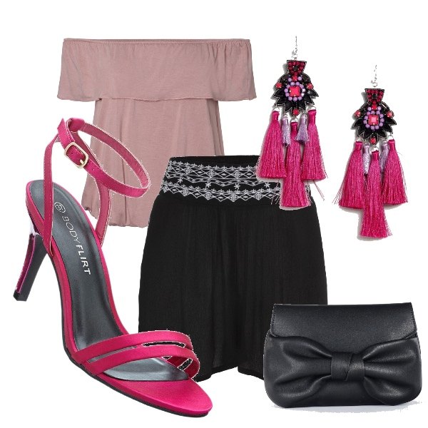 Outfit donna - Orecchini atzechi. Stile Bon Ton per Serata fuori. Abbinamento con shorts, sandali con tacco spillo fucsia, borsa a tracolla con fiocco, orecchini pendenti con nappine, top a maniche corte elasticizzato viola.