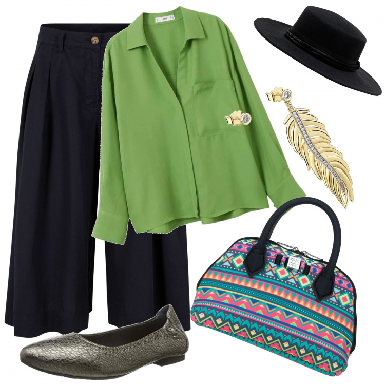 Outfit donna - A me piace così. Stile Casual per Ufficio. Abbinamento con borse a mano, cappelli, pantaloni culotte, orecchini, ballerine, camicie.
