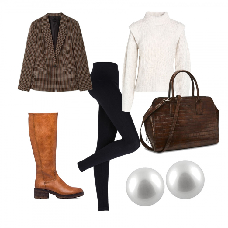 Outfit donna - Low Cost horse trendy. Stile Casual chic per Tutti i giorni. Abbinamento con leggings, maglieria, blazer, stivali, borse a mano, orecchini.