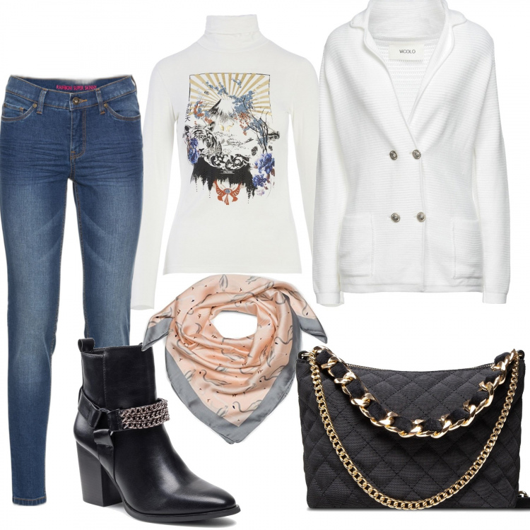 Outfit donna - Tempo libero. Stile Urban per Tutti i giorni. Abbinamento con jeans skinny, blazer, t-shirt, stivaletti, borse a mano, foulard.