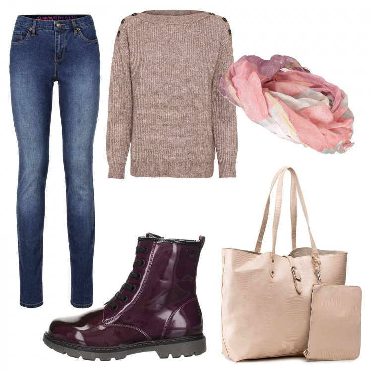 Outfit donna - Mai senza foulard. Stile Basic per Tutti i giorni. Abbinamento con maglieria, jeans skinny, borse a mano, stivali, sciarpe.