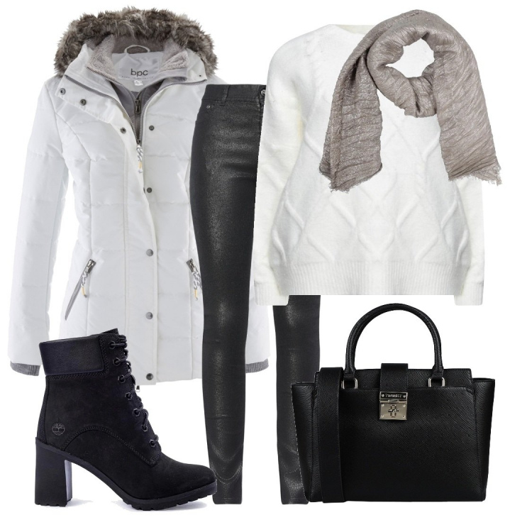 Outfit donna - Le timberland. Stile Basic per Tutti i giorni. Abbinamento con piumini, pullovers, borse a mano, pantaloni, sciarpe, stivali.