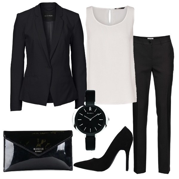 Outfit donna - Ispirazione Victoria Beckham. Stile Chic per Serata fuori. Abbinamento con pantaloni, blazer nero, décolleté effetto scamosciato a punta tinta unita, borsa a tracolla, top collo tondo senza maniche bianco, orologio con cinturino nero.