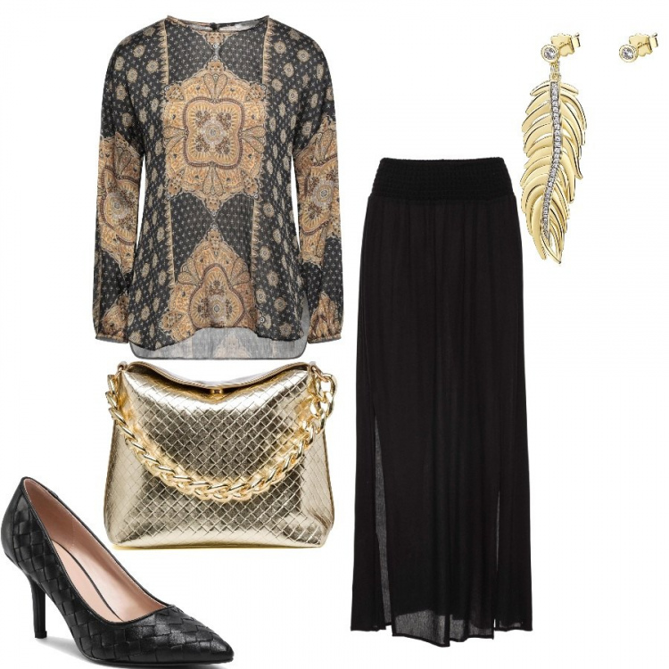 Outfit donna - Etnico per la sera. Stile Etnico per Serata fuori. Abbinamento con gonne lunghe, bluse, orecchini, borse a mano, scarpe col tacco.