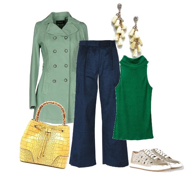 Outfit donna - Looks da Lillys. Stile Urban per Tutti i giorni. Abbinamento con pantalone a coste vita alta con zip in velluto tinta unita, soprabito, sneakers effetto scamosciato, t-shirt collo alto senza maniche, orecchini con nappine oro, borsa a tracolla con manico e stampa con coulisse rigido.