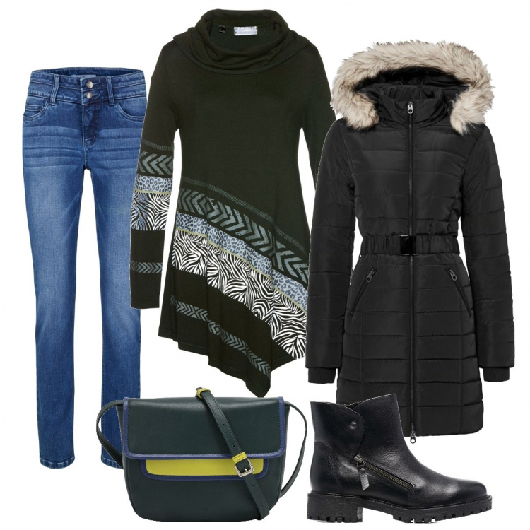 Outfit donna - Jeans+maglione lungo. Stile Casual per Ufficio. Abbinamento con giacche, maglieria, jeans, borse a tracolla, stivaletti.