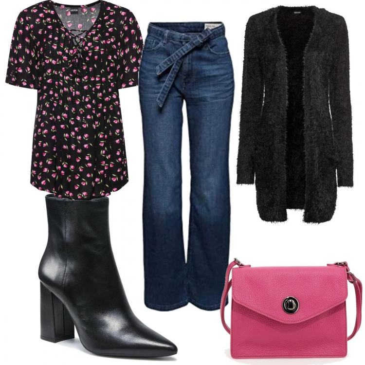 Outfit donna - Anni 70 in rosa. Stile 70s per Tutti i giorni. Abbinamento con cardigans, tuniche, stivaletti, jeans, borse a tracolla.