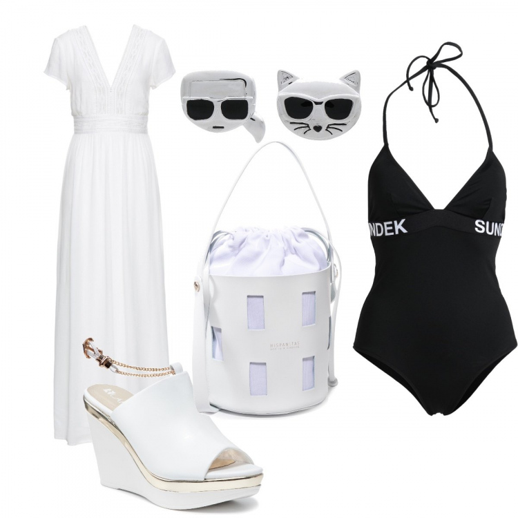 Outfit donna - Total look #1250420. Stile Chic per Mare. Abbinamento con vestiti lunghi, costumi interi, orecchini, ciabatte, borse a mano.