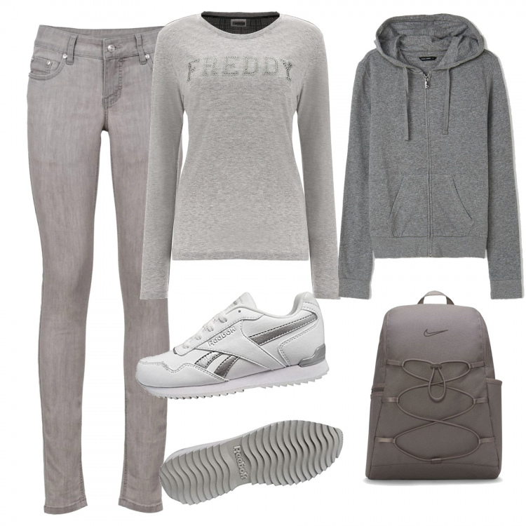 Outfit donna - Una grigia giornata. Stile Basic per Tutti i giorni. Abbinamento con jeans skinny, felpe con cappuccio, felpe, sneakers alte, zaini.