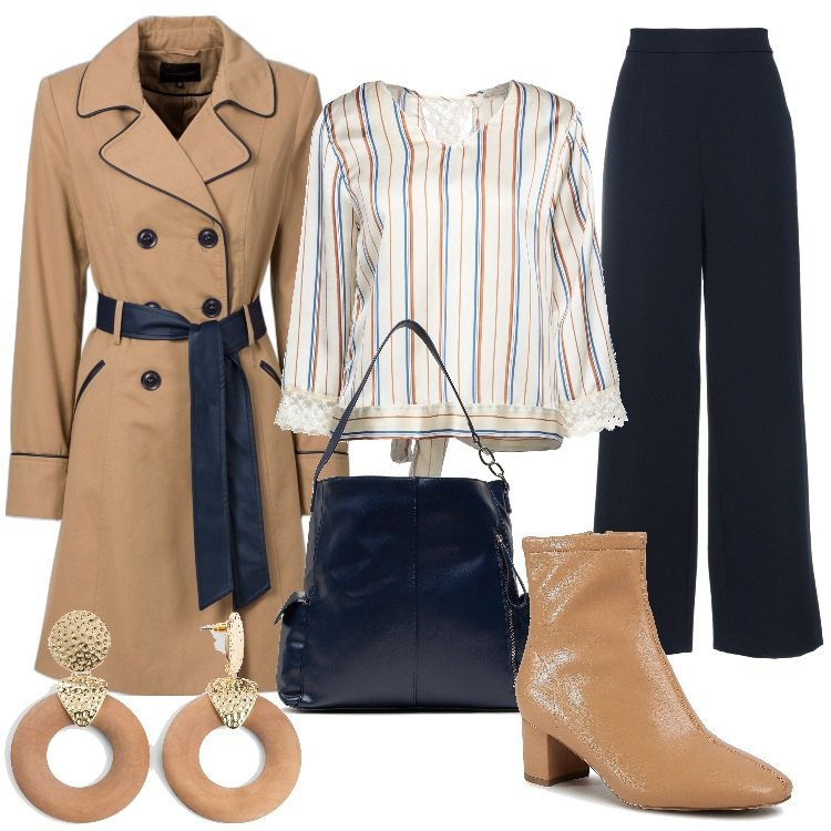 Outfit donna - Blu e beige. Stile Urban per Tutti i giorni. Abbinamento con trench, orecchini, pantaloni, bluse, stivaletti, borse a mano.