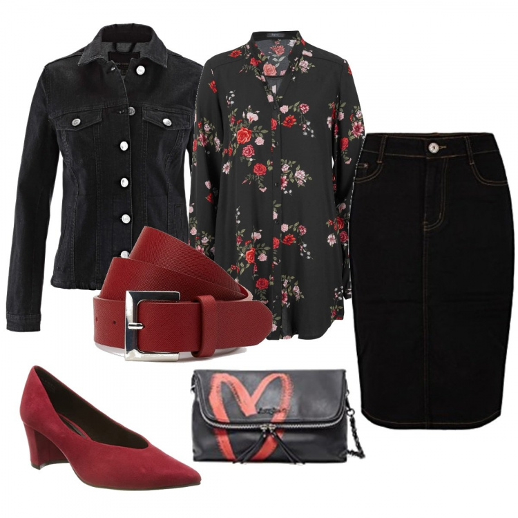Outfit donna - Casual Chic Di Fiori E Cuori. Stile Casual chic per Ufficio. Abbinamento con camicie, blazer, cinture, scarpe col tacco, gonne, borse a tracolla.