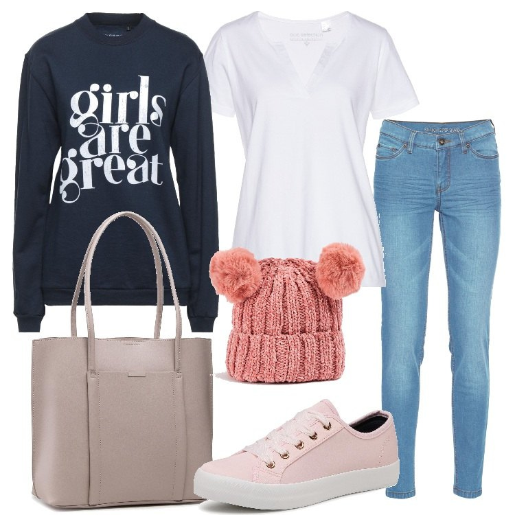 Outfit donna - Girls are great. Stile Basic per Tutti i giorni. Abbinamento con jeans skinny, t-shirt, felpe, cappelli con visiera, borse a mano, sneakers.