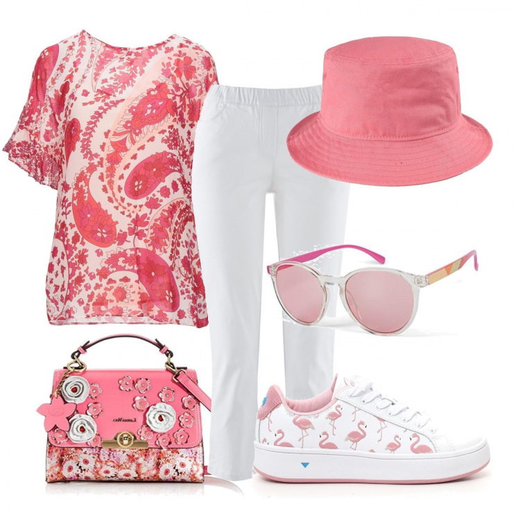 Outfit donna - PINK lady. Stile Boho per Tutti i giorni. Abbinamento con pantaloni, bluse, cappelli con visiera, sneakers, borse a mano, occhiali da sole.