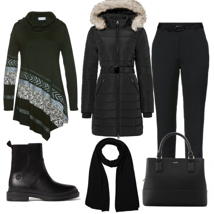 Outfit donna - Tutti i giorni. Stile Casual per Tutti i giorni. Abbinamento con giacche, maglieria, pantaloni, sciarpe, stivaletti chelsea, borse a mano.