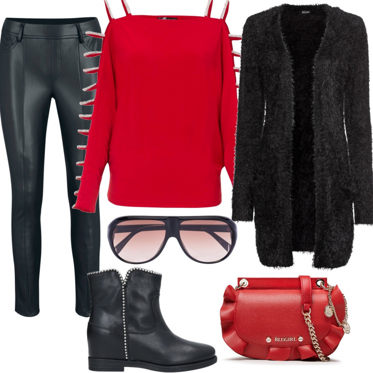 Outfit donna - Leggings di pelle in rosso e nero. Stile Casual per Tutti i giorni. Abbinamento con cardigans, maglieria, treggings, stivaletti, occhiali da sole, borse a mano.