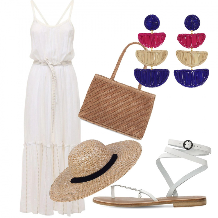 Outfit donna - Sognando l\'estate. Stile Boho per Mare. Abbinamento con vestiti, orecchini, sandali in pelle, cappelli, borse a spalla.