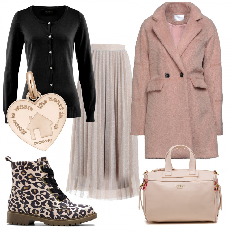 Outfit donna - Rock in rosa. Stile Rock per Tutti i giorni. Abbinamento con cardigans, stivaletti, gonne lunghe, cappotti, ciondoli, borse a mano.