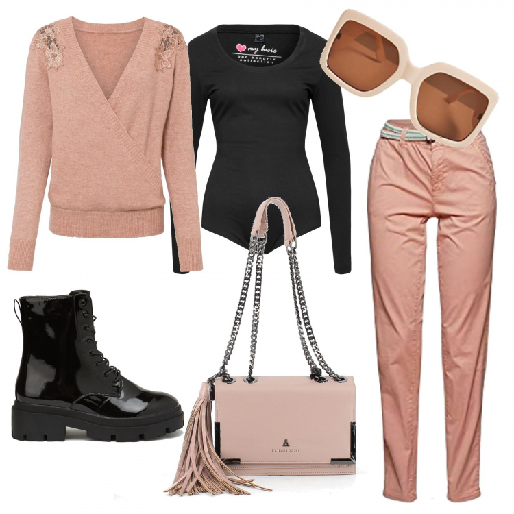Outfit donna - Lunedì in ufficio. Stile Casual chic per Ufficio. Abbinamento con body, maglieria, anfibi, borse a tracolla, pantaloni, occhiali da sole.