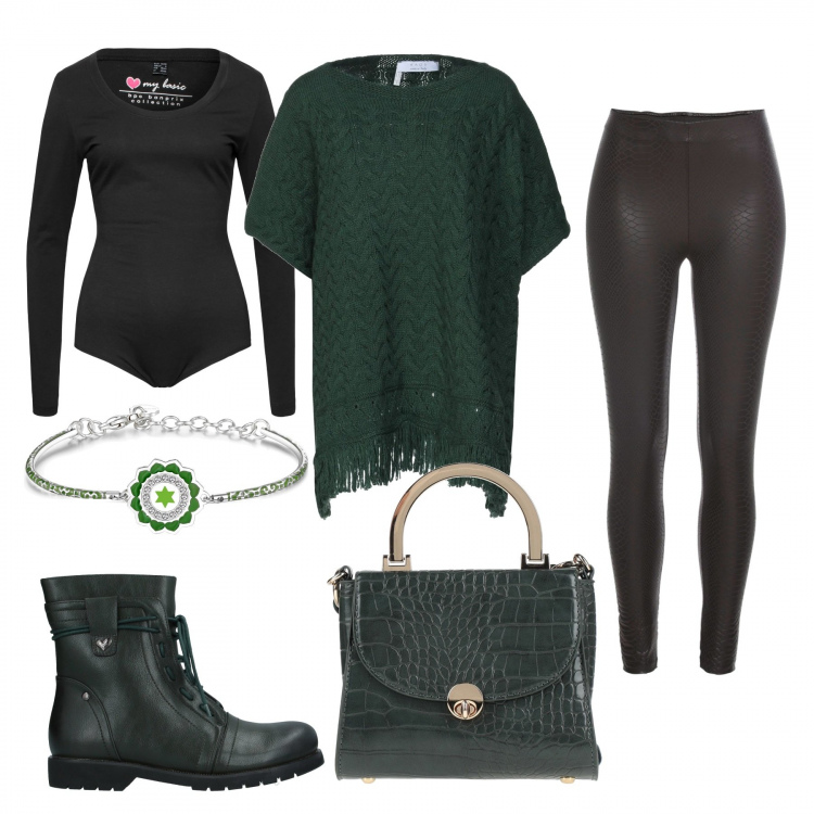 Outfit donna - Verde speranza. Stile Glamour per Tutti i giorni. Abbinamento con body, treggings, pullovers, stivaletti, borse a mano, braccialetti.