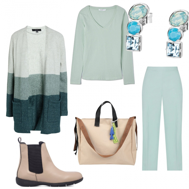 Outfit donna - Total look #1251515. Stile Basic per Tutti i giorni. Abbinamento con borse a mano, pantaloni, cardigans, t-shirt, orecchini, stivaletti.