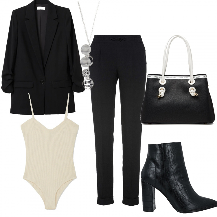 Outfit donna - Curvy in ufficio. Stile Minimal per Ufficio. Abbinamento con pantaloni, treggings, stivaletti, body, borse a mano, giacche.