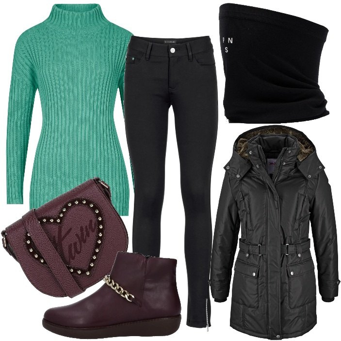 Outfit donna - Mai senza in inverno. Stile Casual chic per Tutti i giorni. Abbinamento con pantaloni, maglieria, piumini, stivaletti, borse a tracolla, scaldacollo.