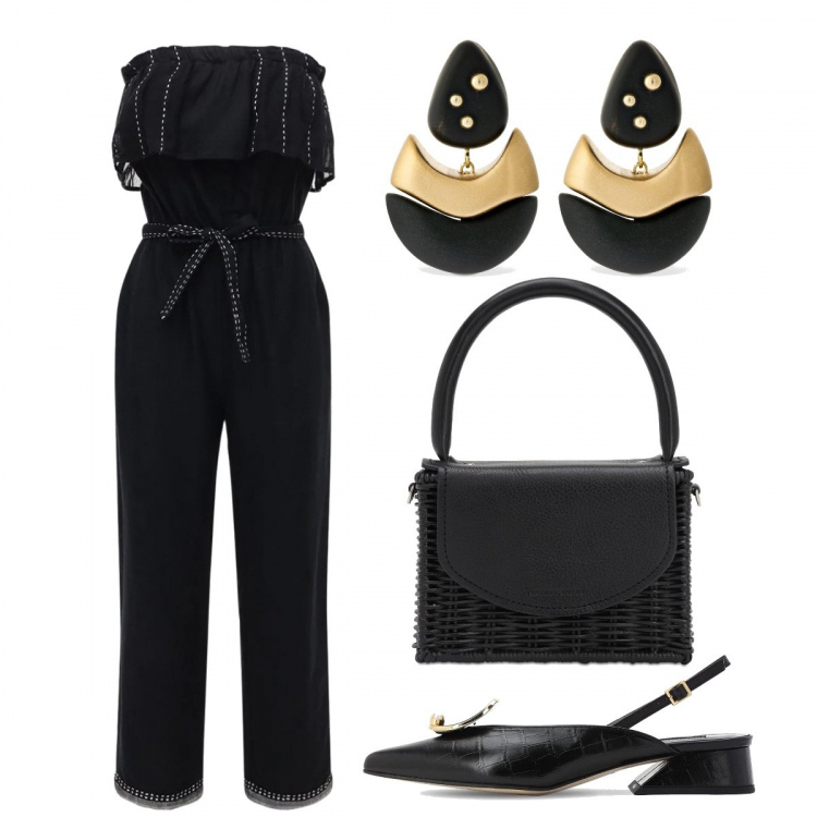 Outfit donna - Elegante e comoda. Stile Chic per Serata fuori. Abbinamento con tute, décolleté, orecchini, borse a mano.