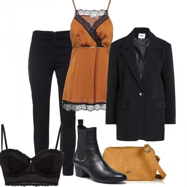 Outfit donna - Grinta in ufficio. Stile Sexy per Ufficio. Abbinamento con reggiseni a balconcino, top, blazer, pantaloni, stivaletti, borse a tracolla.