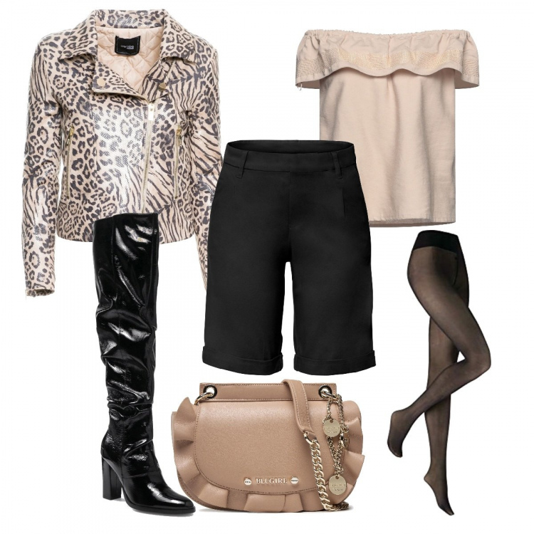 Outfit donna - Gambe in evidenza. Stile Glamour per Serata fuori. Abbinamento con bermuda, bluse, giacche, stivali sopra il ginocchio, borse a mano, collant.