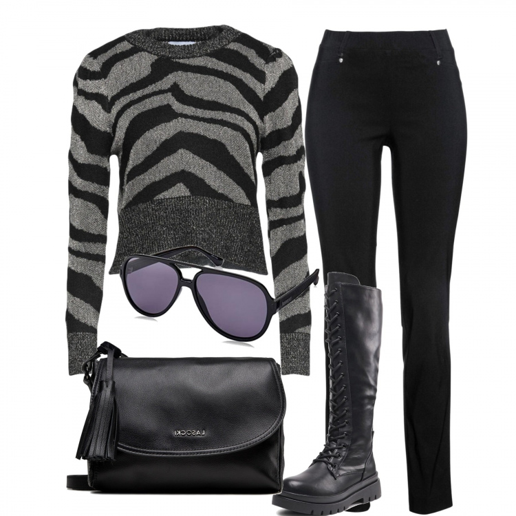 Outfit donna - Grigio Animalier. Stile Trendy per Tutti i giorni. Abbinamento con pantaloni, pullovers, stivali, borse a mano, occhiali da sole.
