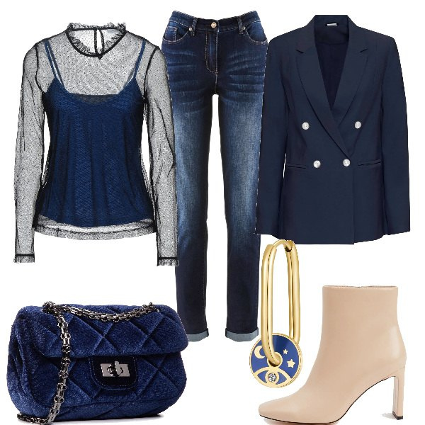 Outfit donna - Total look #1252630. Stile Casual chic per Serata fuori. Abbinamento con jeans boyfriend, blazer, bluse, stivaletti, orecchini, borse a mano.