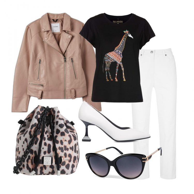 Outfit donna - Non rinuncio al tocco animalier. Stile Trendy per Tutti i giorni. Abbinamento con pantaloni, t-shirt, borse a tracolla, cappotti, décolleté, occhiali da sole.
