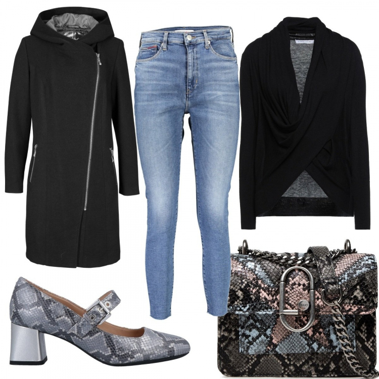 Outfit donna - Borsa e décolleté pitonata. Stile Casual chic per Tutti i giorni. Abbinamento con blazer, pullovers, décolleté, borse a tracolla, jeans.