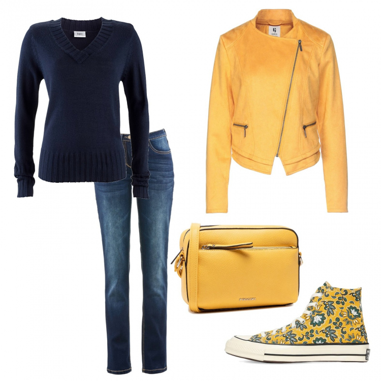 Outfit donna - Look energetico. Stile Casual per Tutti i giorni. Abbinamento con jeans dritti, maglieria, giacche, borse a mano, sneakers.