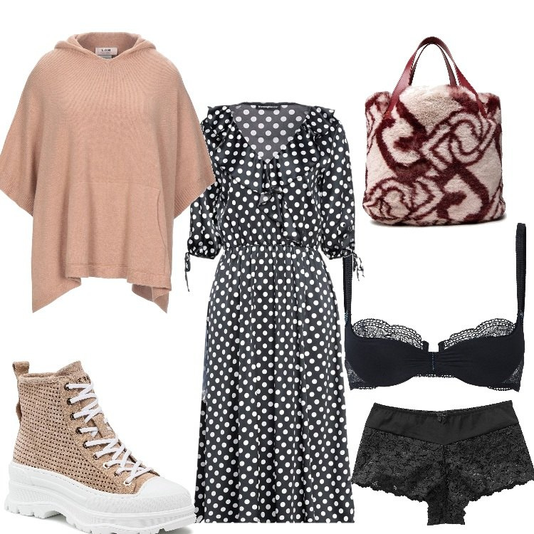 Outfit donna - Indossiamo l\'intimo. Stile Sporty chic per Ufficio. Abbinamento con culotte, cappe, vestiti midi/longuette, reggiseni a balconcino, stivaletti, borse tote.