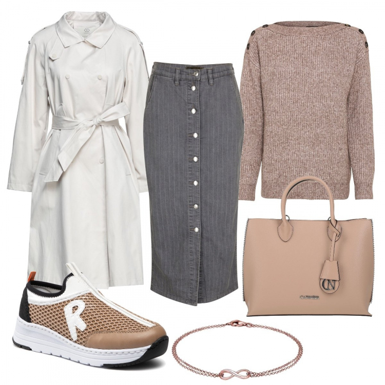 Outfit donna - Focus sulla gonna a righe. Stile Trendy per Ufficio. Abbinamento con borse a mano, cappotti, maglieria, gonne, sneakers, braccialetti.