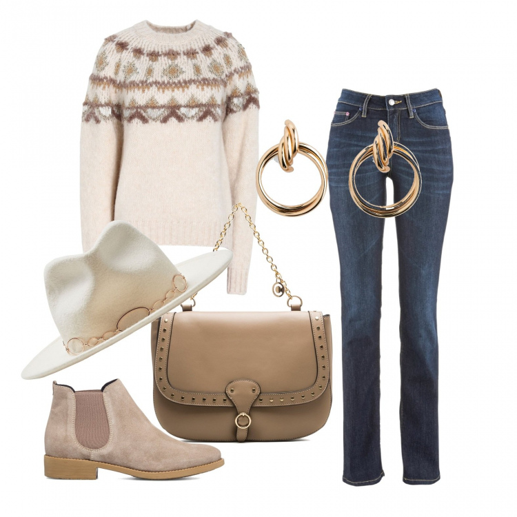 Outfit donna - Ottimo!. Stile Casual per Tutti i giorni. Abbinamento con jeans dritti, orecchini, pullovers, cappelli, stivaletti, borse a spalla.