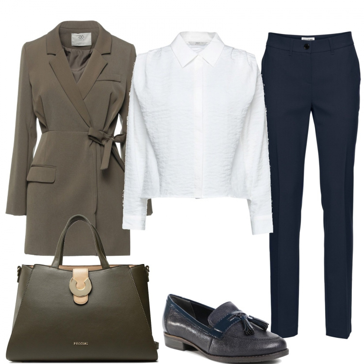 Outfit donna - In ufficio. Stile Bon Ton per Ufficio. Abbinamento con pantaloni, cappotti, camicie, mocassini, borse a mano.