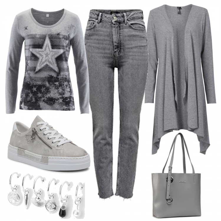 Outfit donna - Total grey. Stile Basic per Tutti i giorni. Abbinamento con cardigans, maglieria, orecchini, sneakers, borse a mano, pantaloni.