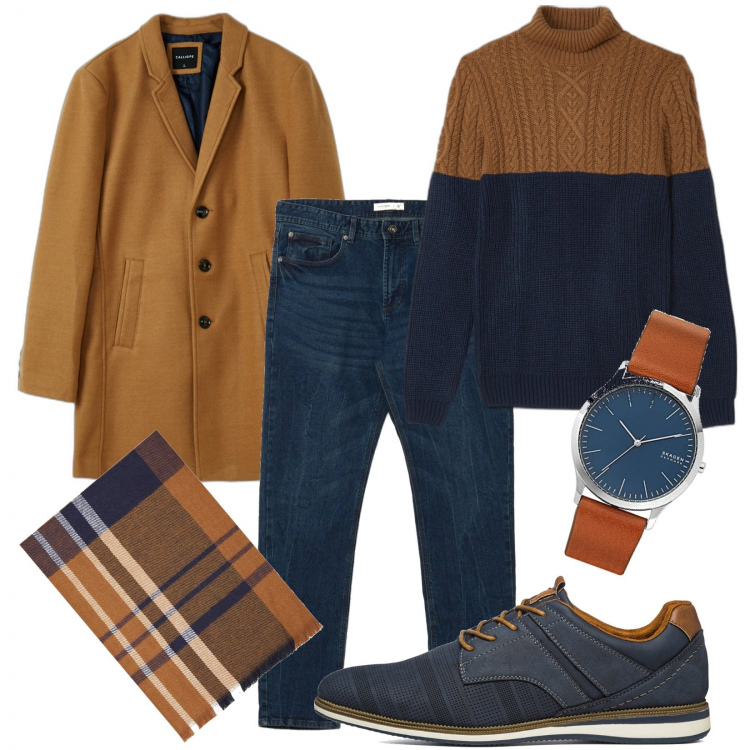 Outfit uomo - In ufficio in jeans. Stile Trendy per Ufficio. Abbinamento con maglieria, jeans, cappotti, sciarpe, scarpe stringate, orologi.