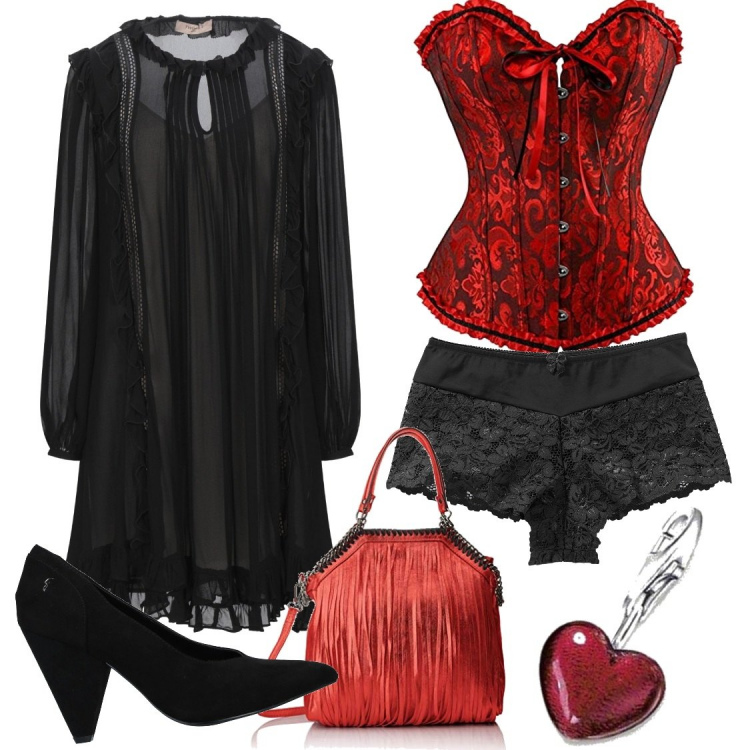 Outfit donna - San Valentino al top. Stile Sexy per Serata fuori. Abbinamento con culotte, vestiti corti, décolleté, body, borse a mano, ciondoli.