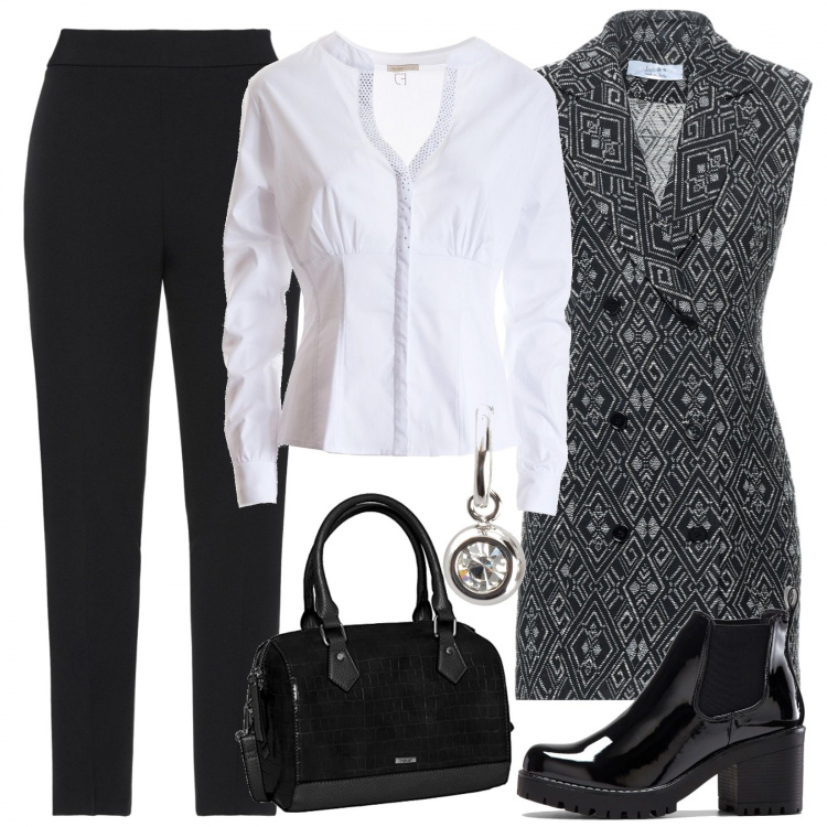 Outfit donna - Il gilet lungo damascato. Stile Bon Ton per Tutti i giorni. Abbinamento con stivaletti, orecchini, cappotti, pantaloni, camicie, borse a mano.