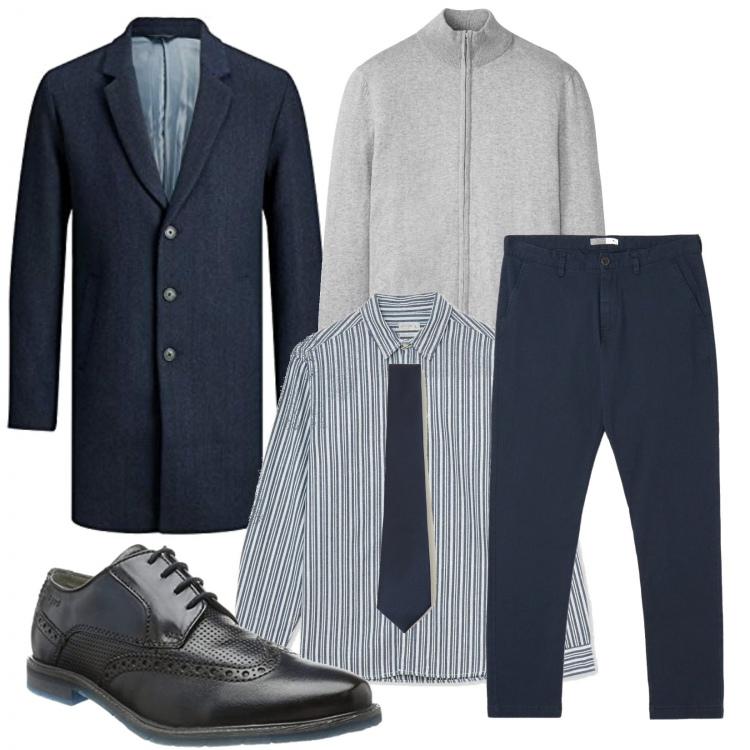 Outfit uomo - Con la camicia a righe non sbagli mai. Stile Business/Elegante per Ufficio. Abbinamento con pantaloni chino, camicie, cravatte, cardigans, scarpe stringate, cappotti.