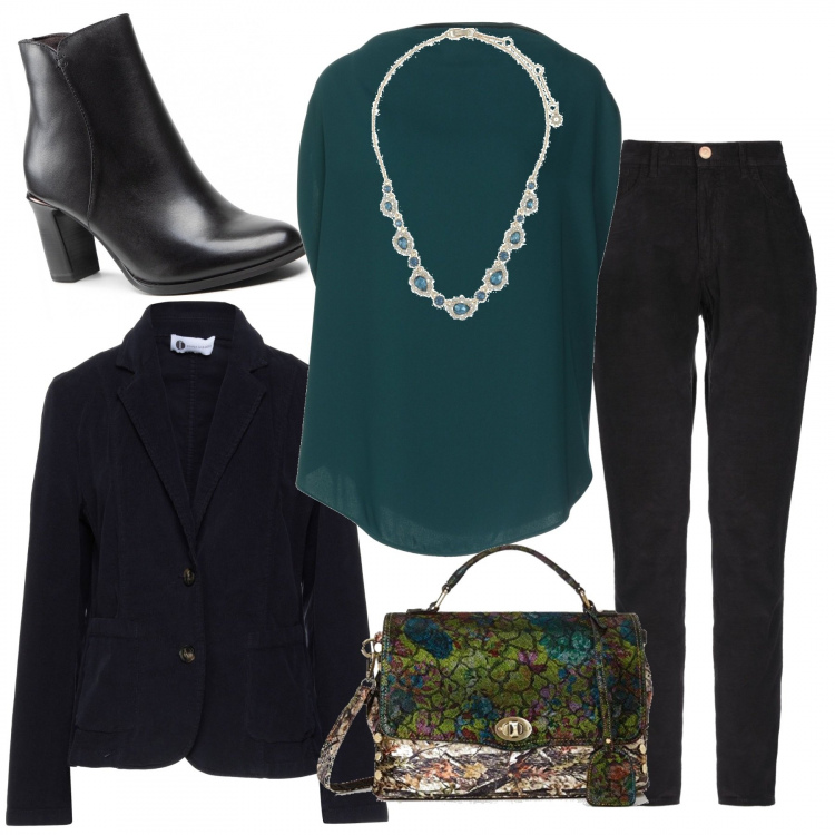 Outfit donna - Con il verde ottanio. Stile Casual chic per Ufficio. Abbinamento con bluse, blazer, pantaloni, collane, stivaletti, borse a tracolla.