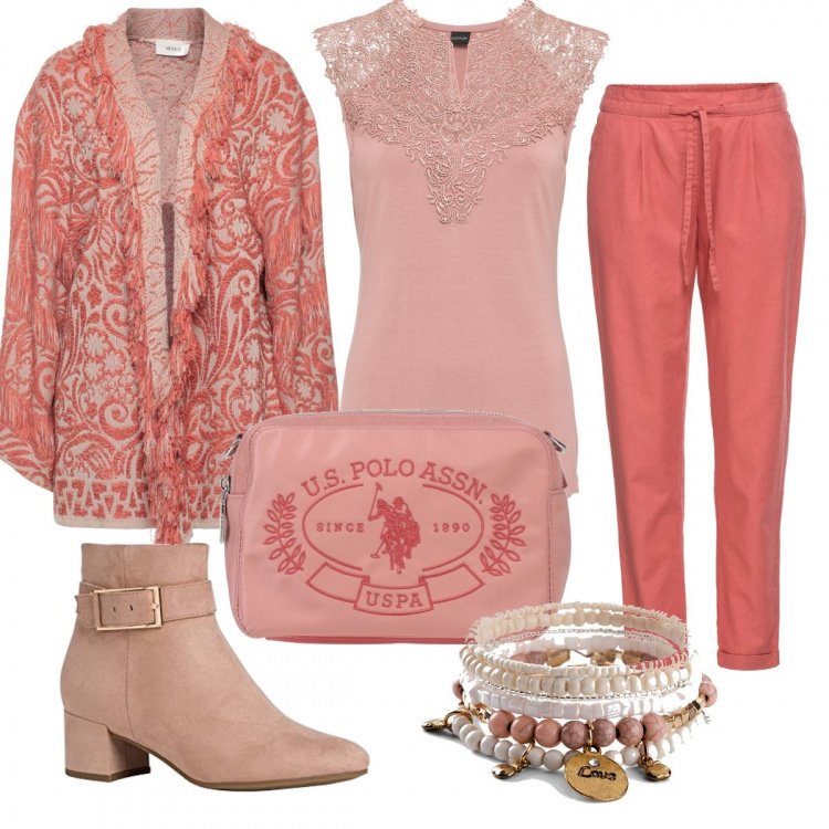 Outfit donna - Etnico romantico. Stile Etnico per Tutti i giorni. Abbinamento con pantaloni, braccialetti, top, cappotti, borse a spalla, stivaletti.