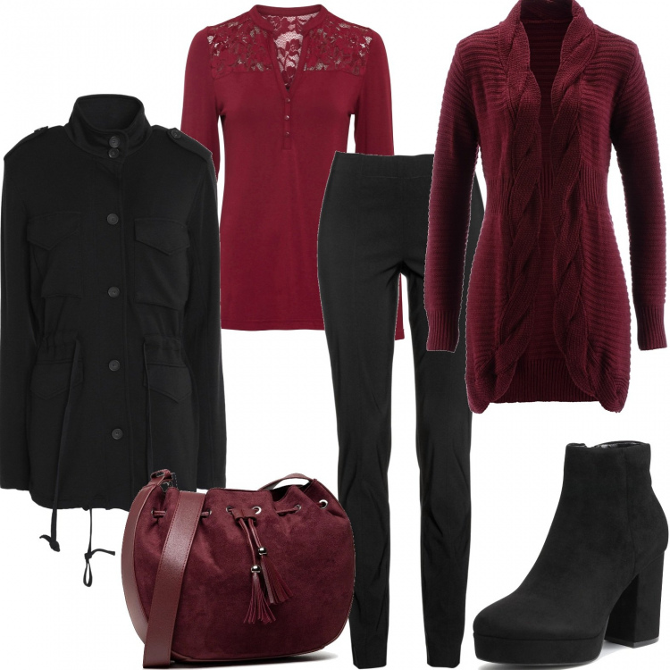 Outfit donna - Cardigan sinuoso. Stile Casual chic per Ufficio. Abbinamento con pantaloni, cardigans, maglieria, cappotti, stivaletti, borse a mano.