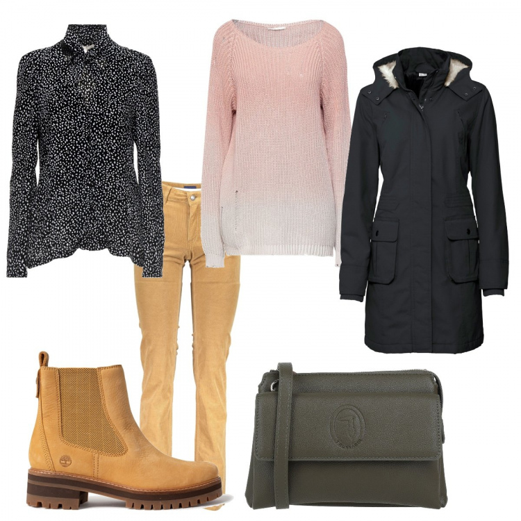 Outfit donna - Aspettando la neve. Stile Basic per Tutti i giorni. Abbinamento con parka, borse a tracolla, pullovers, camicie, stivaletti chelsea, pantaloni.